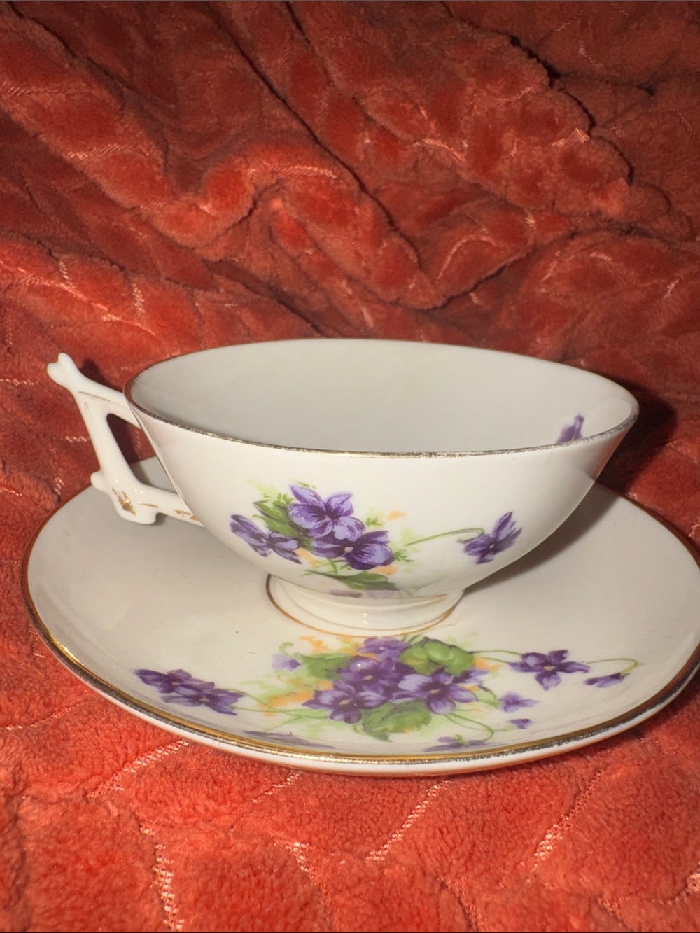 RARE Vintage Occupied Japan Violet Chintz Teacup & Saucer Set | Gold Trim